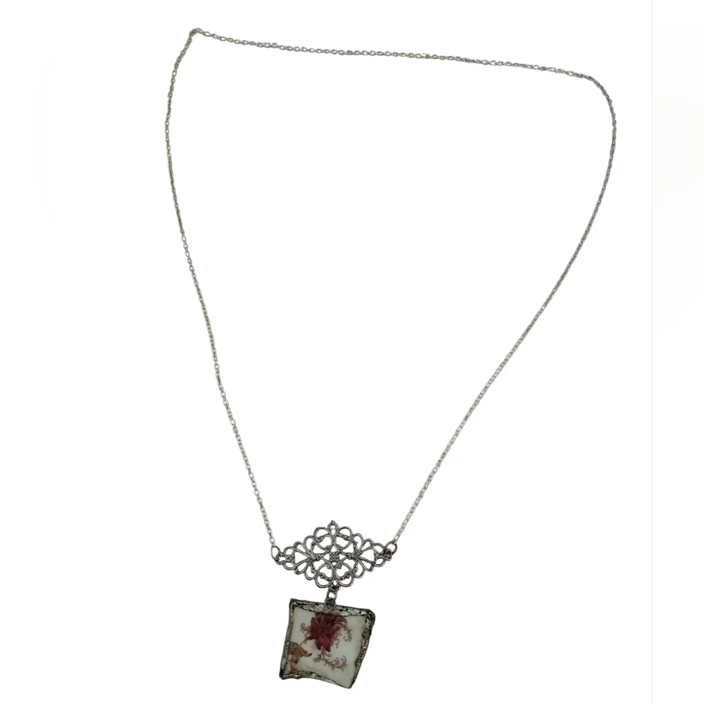 Upcycled Broken China Floral Pendant Filigree Necklace